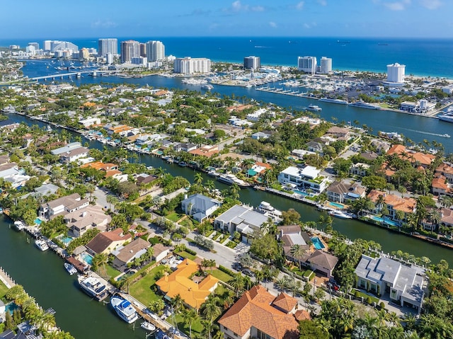 bird's eye view with a water view