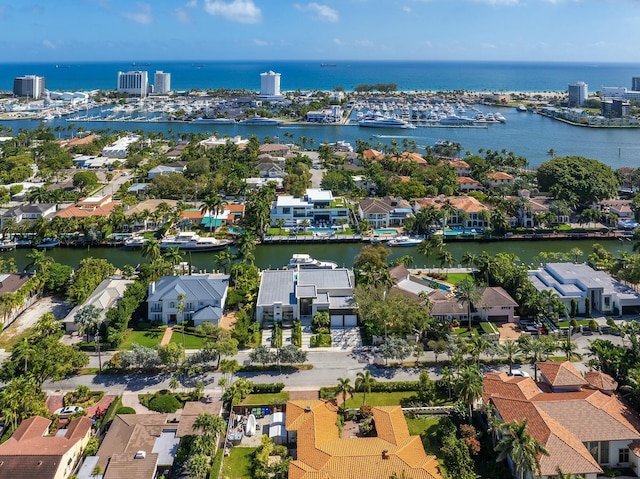 drone / aerial view featuring a water view