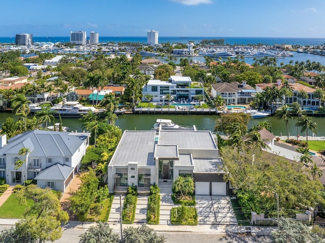 bird's eye view with a water view