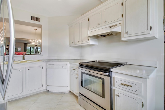 kitchen with dishwasher, white cabinetry, a notable chandelier, and stainless steel range with electric cooktop