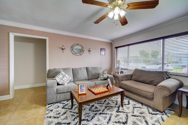 living room featuring crown molding, light tile patterned floors, and ceiling fan