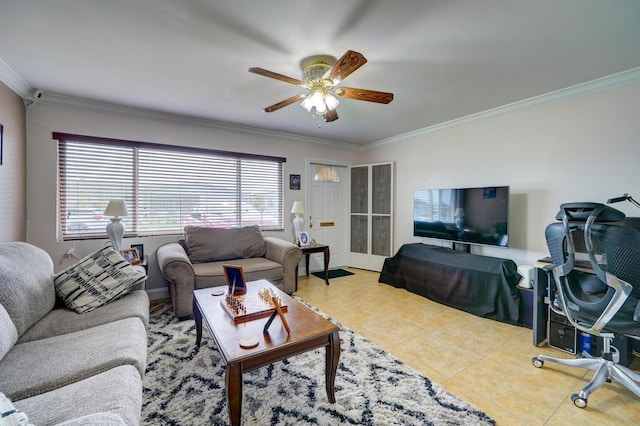 tiled living room with ceiling fan and crown molding