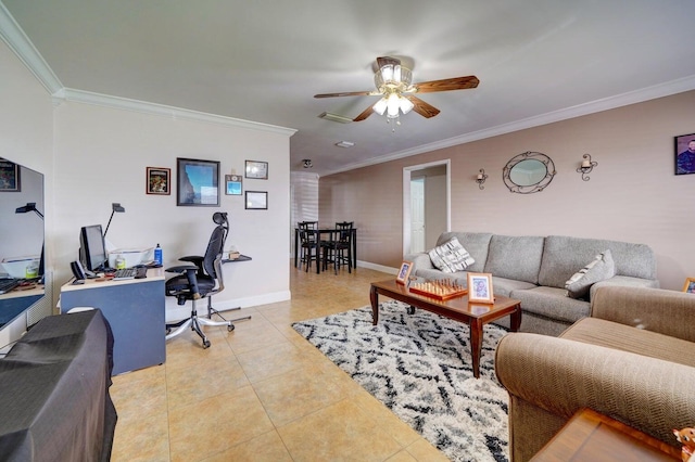 living room featuring ceiling fan, light tile patterned floors, and crown molding