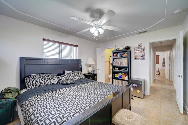 bedroom featuring ceiling fan and light tile patterned floors