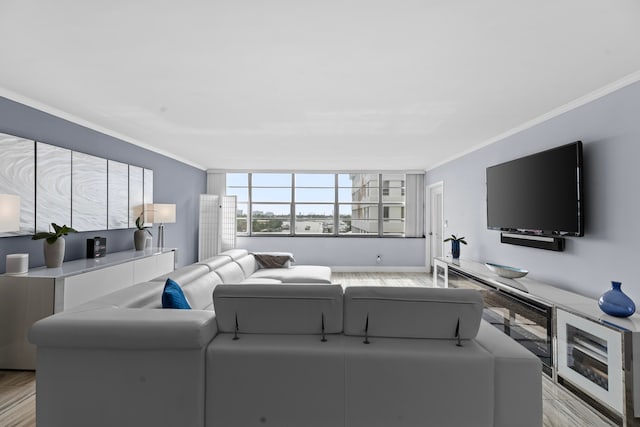 living room with crown molding and light wood-type flooring