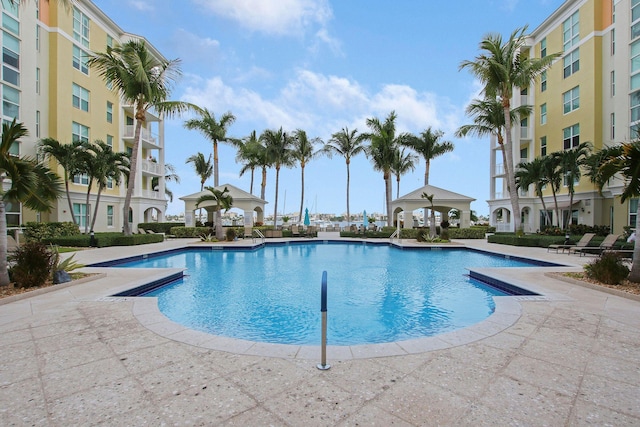 view of swimming pool with a patio area