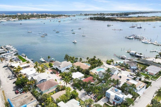 drone / aerial view featuring a water view