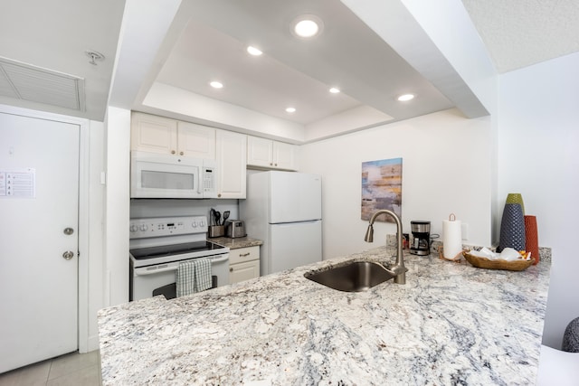 kitchen with light stone counters, white cabinets, kitchen peninsula, sink, and white appliances