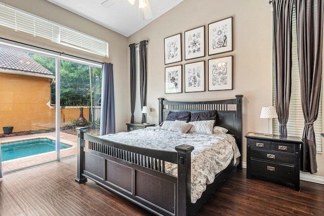 bedroom with vaulted ceiling, ceiling fan, dark hardwood / wood-style flooring, and access to outside