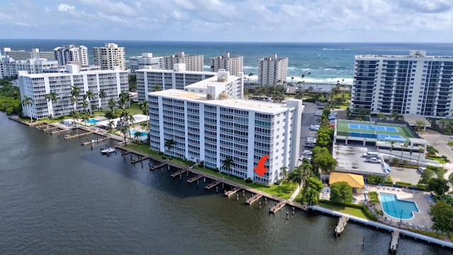 aerial view featuring a water view