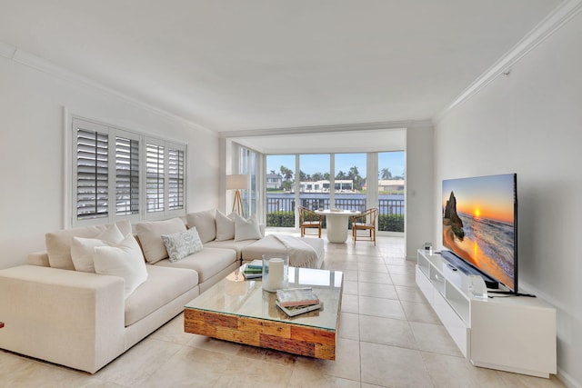 tiled living room featuring crown molding