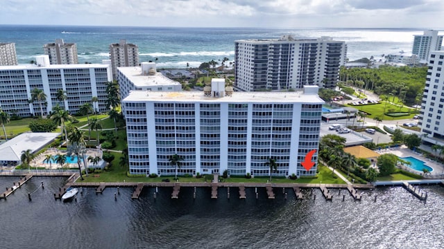 bird's eye view with a water view