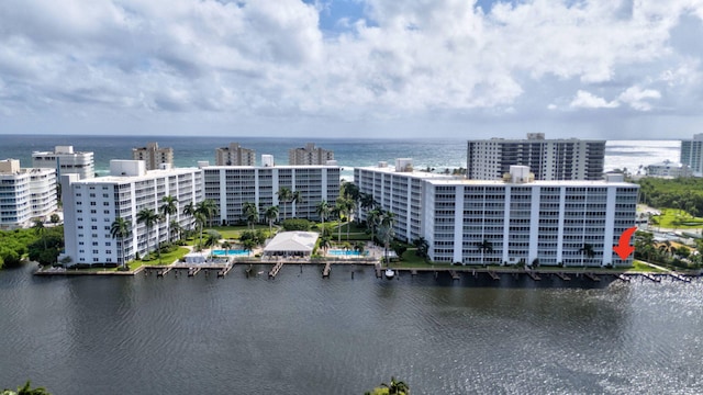 bird's eye view with a water view