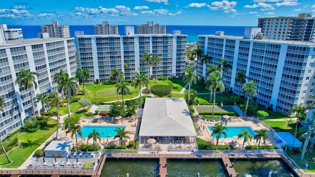 birds eye view of property featuring a water view