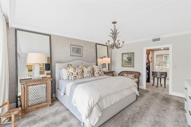 bedroom featuring ornamental molding, a notable chandelier, and light carpet