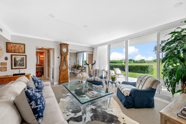 carpeted living room with a wall of windows and crown molding