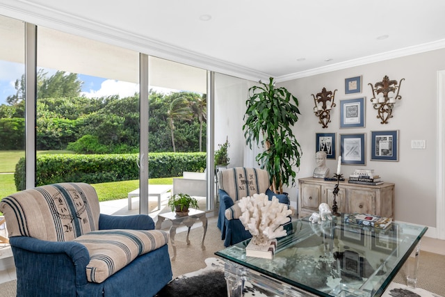 interior space with a wealth of natural light, floor to ceiling windows, and ornamental molding