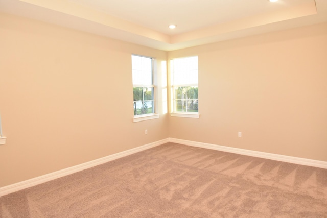 carpeted empty room featuring a tray ceiling