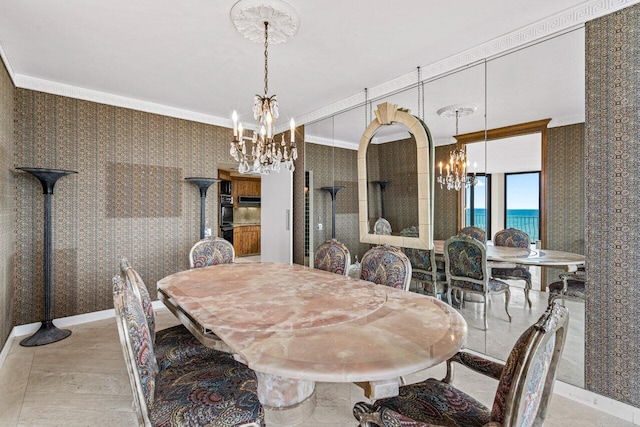 dining space with ornamental molding