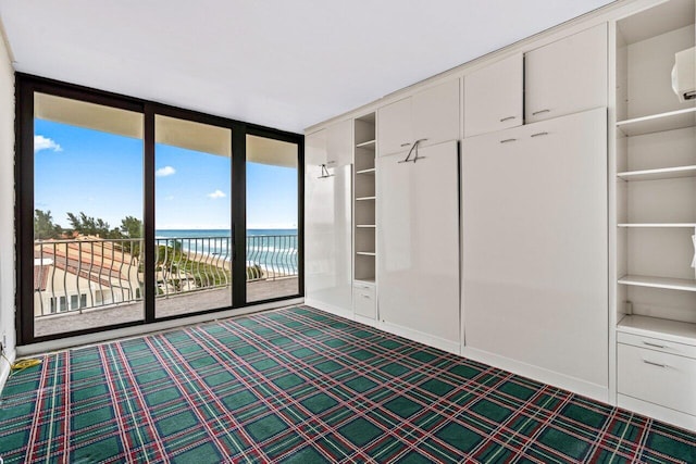 interior space featuring access to outside, a closet, expansive windows, a water view, and carpet