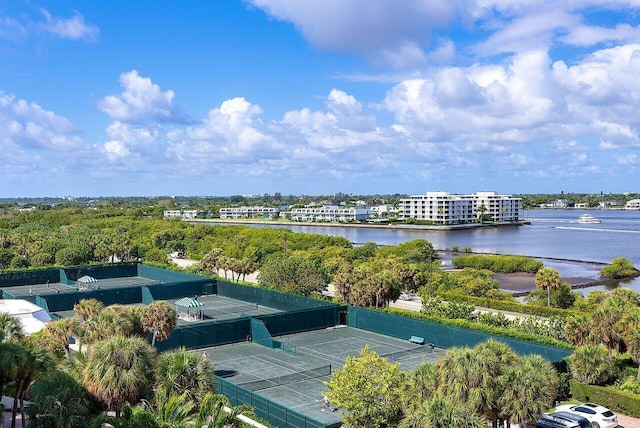 drone / aerial view with a water view