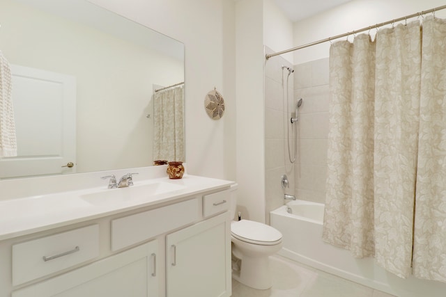 full bathroom with vanity, shower / bath combo with shower curtain, and toilet