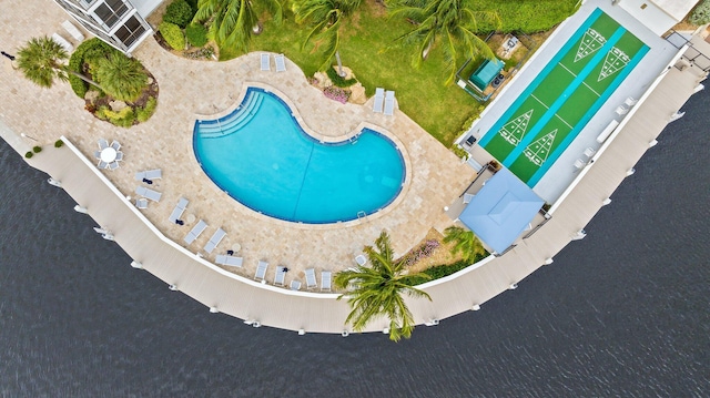 aerial view featuring a water view