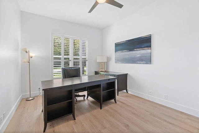 office space with ceiling fan and light hardwood / wood-style floors