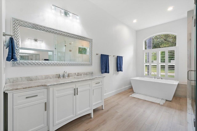 bathroom with vanity, hardwood / wood-style flooring, and plus walk in shower