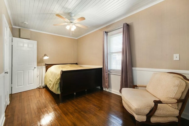 bedroom with ceiling fan, ornamental molding, dark hardwood / wood-style flooring, and wooden ceiling