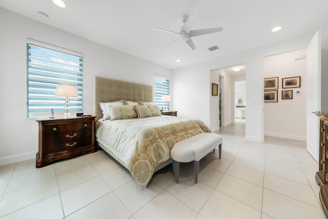 bedroom with light tile patterned flooring, multiple windows, and ceiling fan