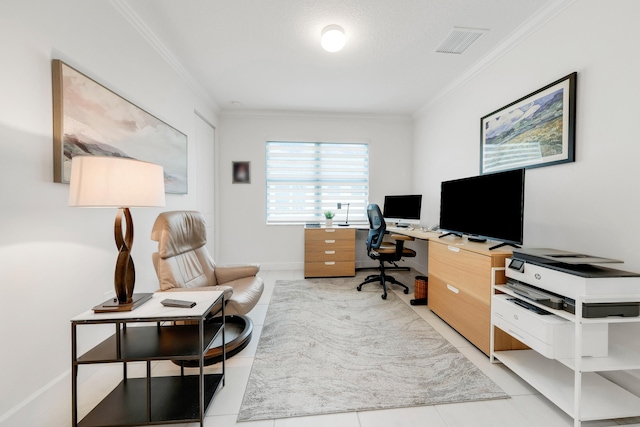 tiled home office featuring ornamental molding