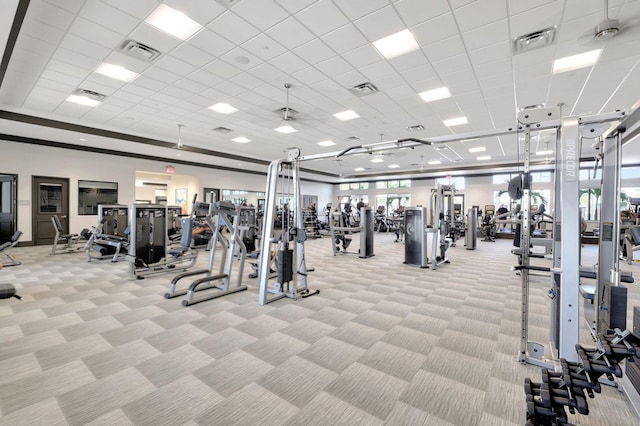 workout area featuring light colored carpet and a paneled ceiling