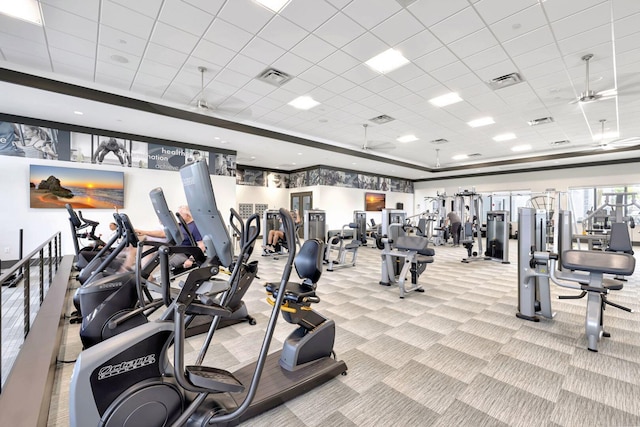 gym with a drop ceiling, light carpet, and ceiling fan