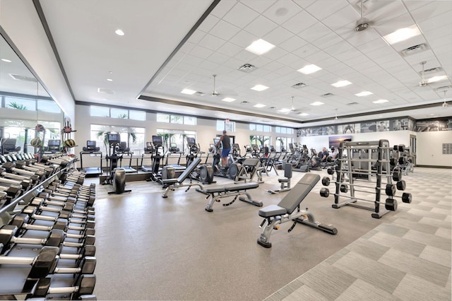 exercise room with a drop ceiling