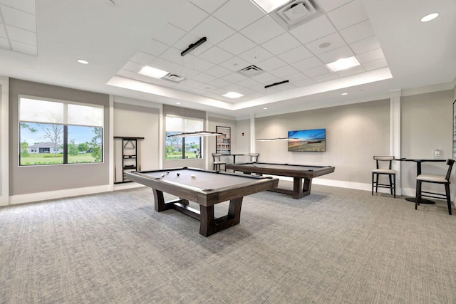 rec room with billiards, plenty of natural light, and a raised ceiling