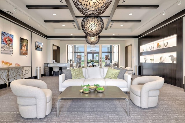 carpeted living room featuring coffered ceiling