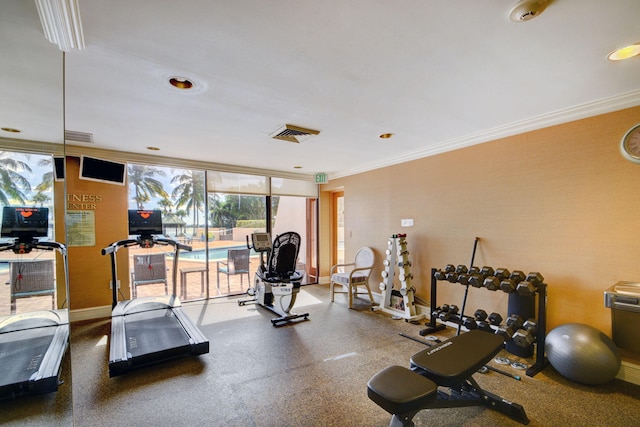 exercise room with crown molding