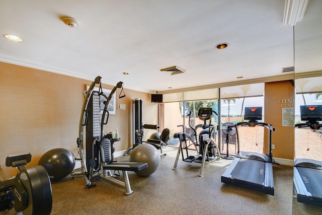 exercise room featuring crown molding