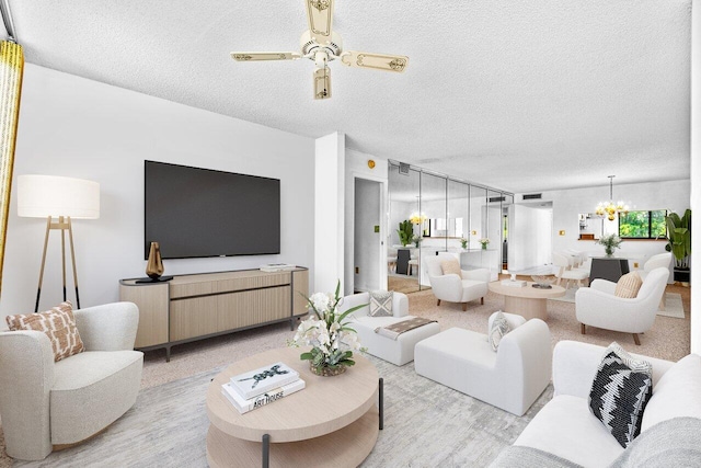 living room featuring a chandelier and a textured ceiling