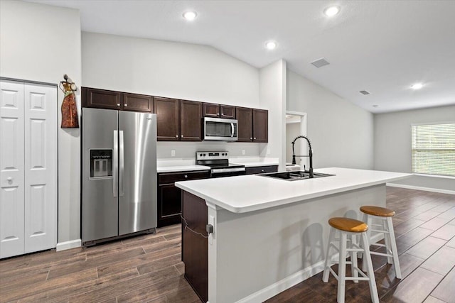 kitchen featuring lofted ceiling, sink, a kitchen island with sink, and stainless steel appliances