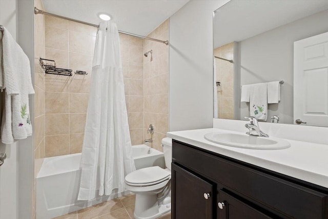 full bathroom with vanity, tile patterned flooring, toilet, and shower / bathtub combination with curtain