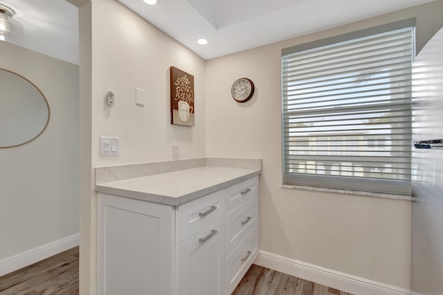 bathroom with hardwood / wood-style floors and vanity