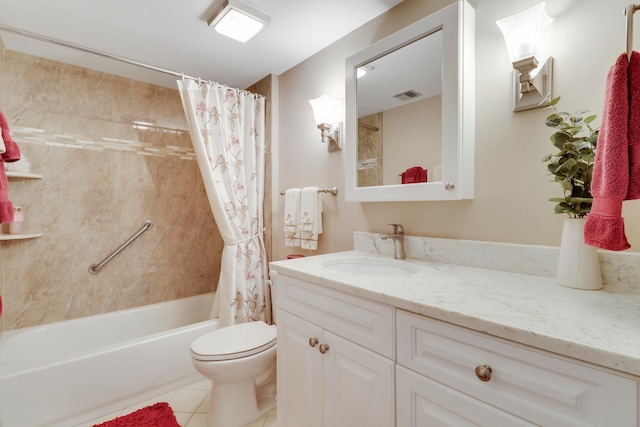 full bathroom featuring toilet, vanity, shower / bath combination with curtain, and tile patterned floors