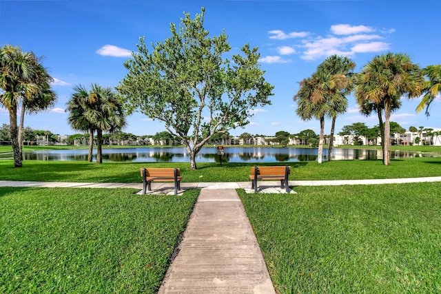 view of property's community featuring a water view and a yard