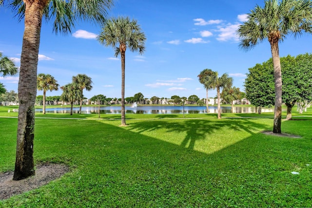 surrounding community featuring a water view and a yard