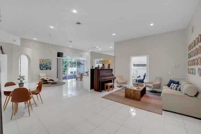 living room featuring light tile patterned flooring