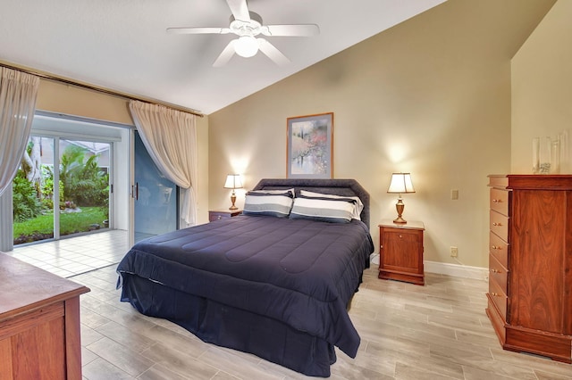 bedroom with ceiling fan, vaulted ceiling, access to outside, and light hardwood / wood-style flooring