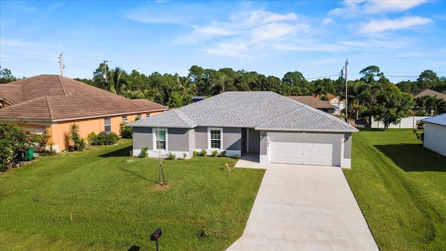 single story home featuring a front yard and a garage