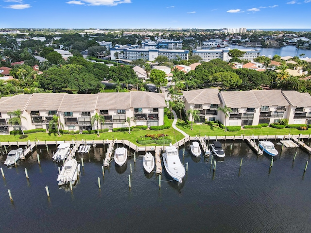 drone / aerial view featuring a water view